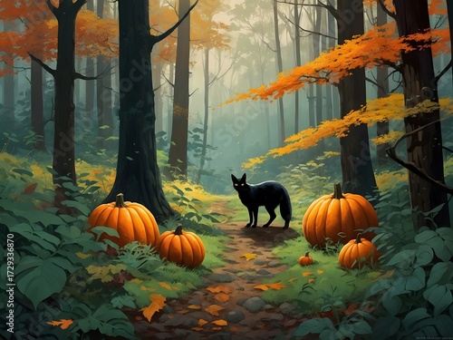 Black cat posed regally amid glowing jack-o’-lanterns.