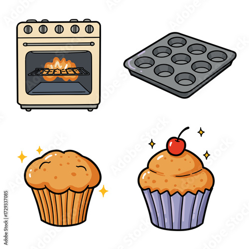 Oven with baking muffins and cupcakes in colorful style for baking  