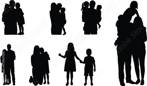 Vector silhouettes of family with children in various poses showing parenting, bonding, relationships, lifestyle, love, care and togetherness concept