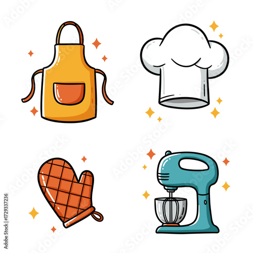 Cooking apron, chef hat, oven mitt, and mixer in colorful style