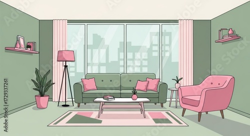 Comfortable and inviting living room interior designed with a modern aesthetic, showcasing a sofa, armchair, coffee table, floor lamp, and decorative plants within a serene color palette, featuring...