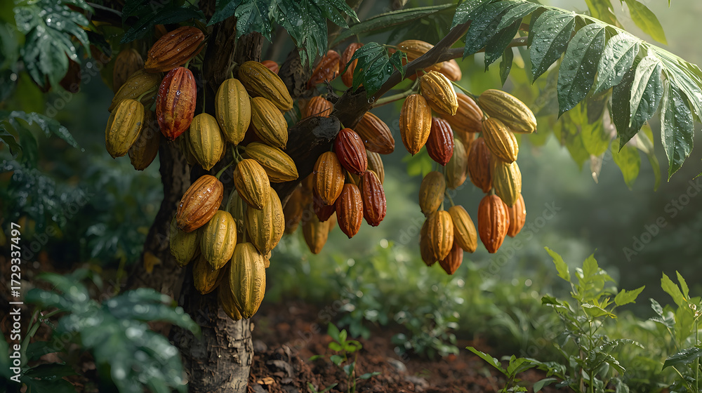 Obraz premium Cocoa Pods Ripening on Tree in Sunlit Farm Row