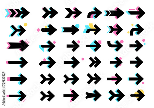 Modern Glitch Effect Arrow Icons Set. Stylish Digital Arrows with Cyan Magenta Shadows for Direction, Navigation, UI/UX Design.
