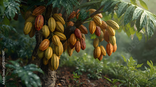 Cocoa Pods Ripening on Tree in Sunlit Farm Row