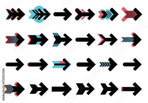 Modern Glitch Effect Arrow Icons Set with Cyan and Red Accents
