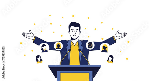 A Business Presentation Depicting Leadership, Communication and Teamwork with a podium