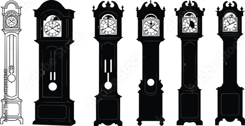 Vintage grandfather clock silhouettes with pendulum and weight mechanisms, antique longcase timepieces, traditional ornate design, classic horology vector illustration