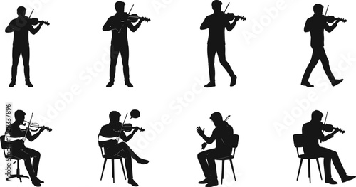 Silhouettes of a violinist in various poses, standing, walking, and sitting while playing, perfect for music and classical concert themes, isolated on white