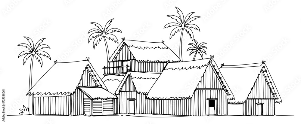 Fototapeta premium Tribal Village with Thatched Roof Huts