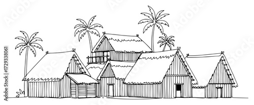Tribal Village with Thatched Roof Huts
