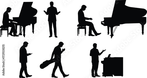 Silhouettes of a musician playing the piano and a man with a guitar case, representing a live concert and music performance, isolated on white
