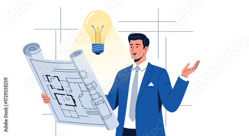 An architect presenting a blueprint with a lightbulb, representing new ideas and plans