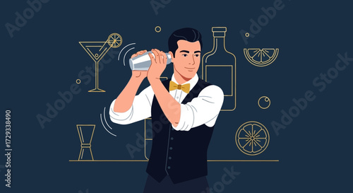 Bartender Shaking Cocktail Drinks Behind the Bar Illustration on a Blue Background
