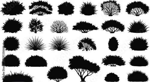 Bush silhouettes, shrub shapes, foliage design, natural plant forms, garden elements, landscape decoration, botanical illustration, greenery vector, black silhouette, outdoor vegetation
