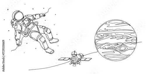 Continuous Line Drawing of an Astronaut and Jupiter