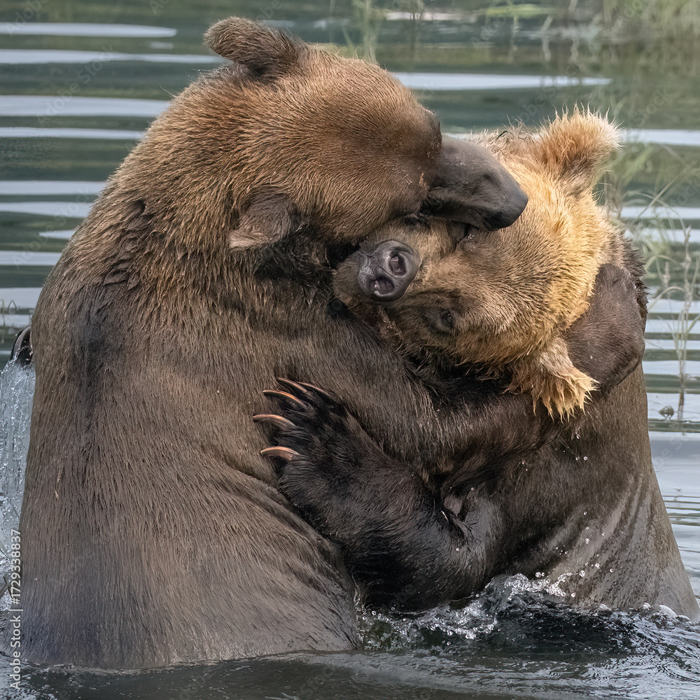 Obraz premium Two grizzly bears are play fighting in a river in Katmai National Park, Alaska