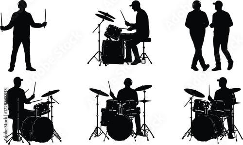 Silhouettes of musicians, including drummers with drum sets, a man with headphones, and people walking, perfect for music and performance themes, isolated on white