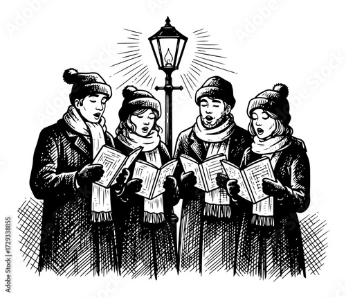 Vintage Christmas Carol Singers Sketch Illustration
