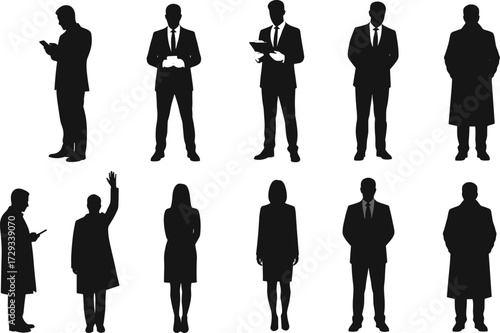Business silhouettes, corporate people, teamwork, professional posture, office workers, communication, leadership, collaboration