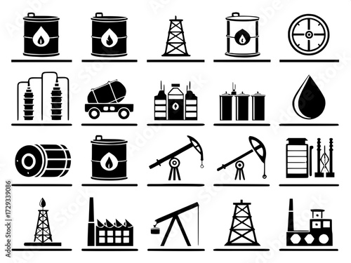 "Collection of oil and gas industry icons, 28 dark blue line art designs, clean and consistent stroke weight, arranged in five rows and seven columns. Includes symbols of oil derricks, pumps, droplets