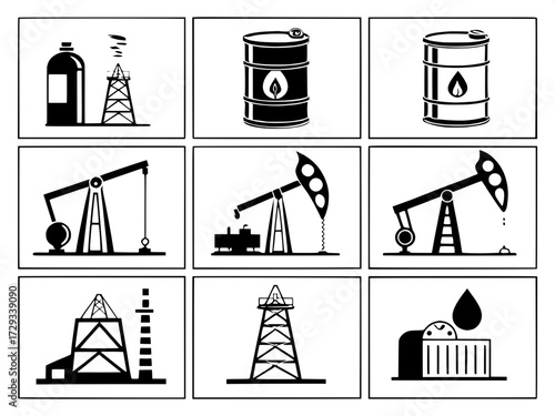 "Collection of oil and gas industry icons, 28 dark blue line art designs, clean and consistent stroke weight, arranged in five rows and seven columns. Includes symbols of oil derricks, pumps, droplets