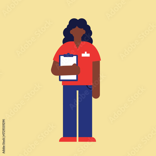 A stylized illustration of a dark-skinned woman wearing a red shirt and blue pants, holding a clipboard against a yellow background.