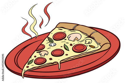  a slice of pizza on a red ceramic plate, close up, food photography, high definition, detailed, appetizing, food styling