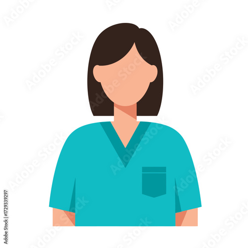 Illustration of a female healthcare worker wearing scrubs, depicted from the chest up, with a faceless design.