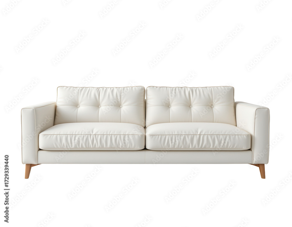 Fototapeta premium Elegant White Leather Sofa with Button Tufting and Wooden Legs