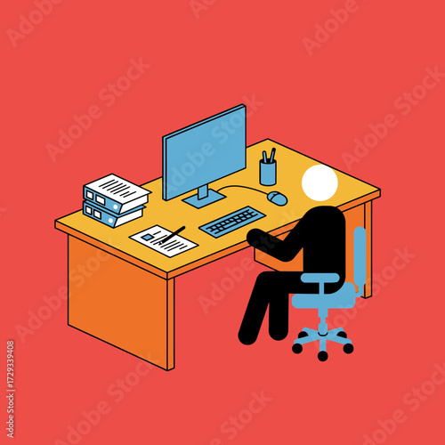 Illustration of a faceless person sitting at a desk with a computer, paperwork, and office supplies, against a red background.