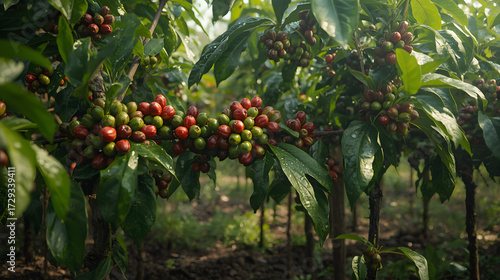 Cherry Clusters on Trellis in Sunlit Orchard