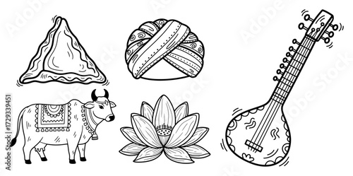 Hand drawn line art set of traditional Indian symbols including samosa turban cow lotus and sitar