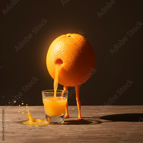 A surreal and whimsical still life featuring a whole orange with legs, appearing to pee juice into a small shot glass, with some juice splashing on the wooden surface
