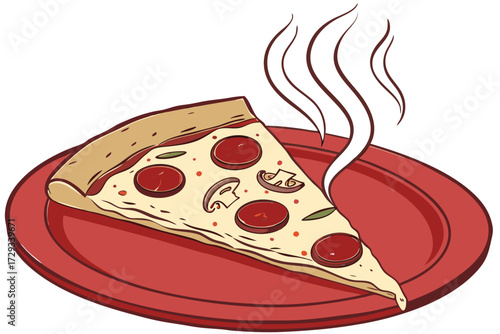  a slice of pizza on a red ceramic plate, close up, food photography, high definition, detailed, appetizing, food styling