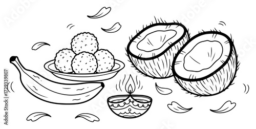 Hand Drawn Diwali Festival Offering with Laddu Sweets and Diya Lamp Black Shape Vector Laser Cutting Engraving Monochrome Print