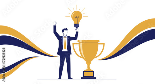 Businessman celebrating victory with trophy and light bulb concept of new idea