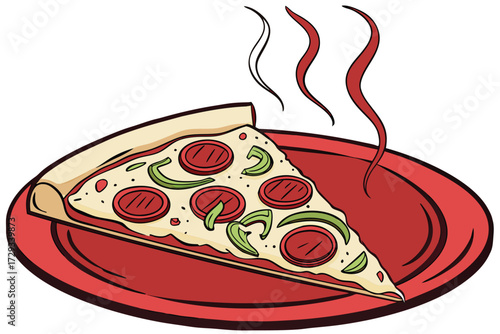  a slice of pizza on a red ceramic plate, close up, food photography, high definition, detailed, appetizing, food styling