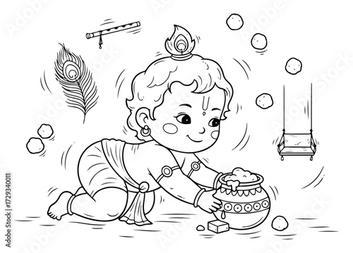 Happy Janmashtami Coloring Page with Little Krishna