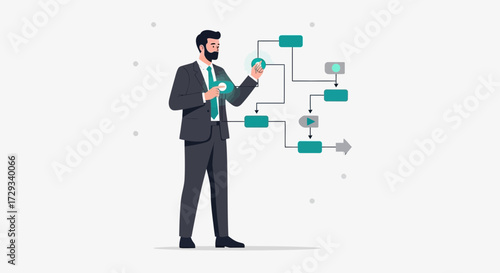 Businessman interacting with a digital workflow illustration on white background