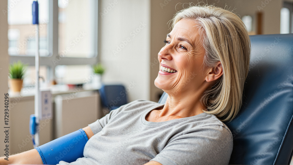 Obraz premium Elderly woman smiling while donating blood in modern clinic 