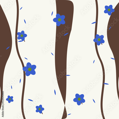 Gentle and organic seamless pattern with blue flowers and falling petals on wavy brown stripes.