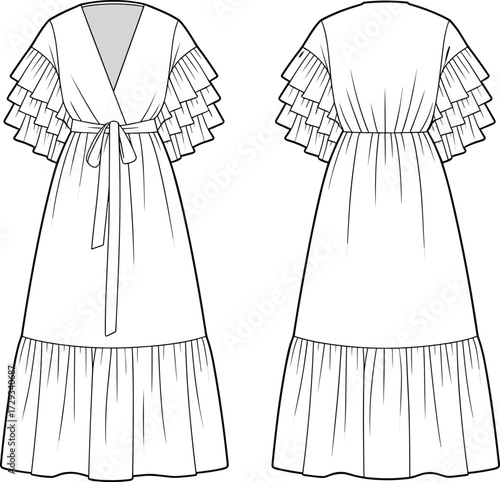 Fashion dress CAD flat sketch, technical vector illustration, ruffle sleeve maxi dress, wrap design with belt, garment template, clothing design drawing