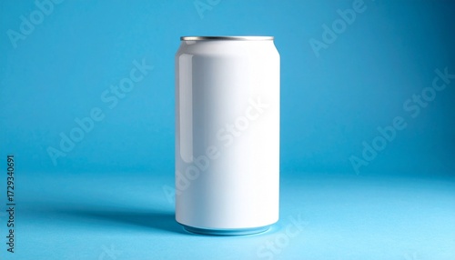 Plain white aluminum can on light blue background, upright with smooth reflective surface and shadow beneath.