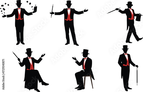 Silhouettes of magicians in various poses, walking, sitting, and performing tricks, representing magic, entertainment, and show business