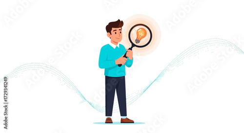Businessman with a magnifying glass examining a light bulb representing an idea