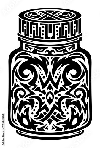Ornate Magic Potion Bottle with a Tribal Pattern Black Shape Vector Laser Cutting Engraving Monochrome Print
