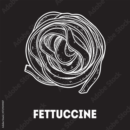Pasta fettuccine sketch. Italian food. Hand drawn vector illustration. Fettuccine pasta Engraved style. Detailed black and white illustration.