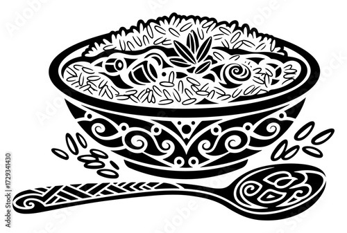 Decorative Bowl of Rice with a Spoon