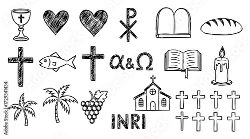 Christianity Symbols Doodle Collection Black Shape Vector Laser Cutting Engraving Monochrome Print