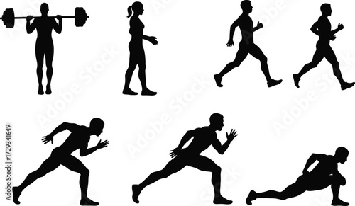 Silhouettes of male and female athletes in various poses, running, squatting with a barbell, and stretching, representing fitness and training